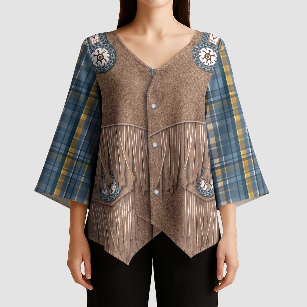 Retro Blue Yellow Plaid Kimono Sleeve Blouse Western Cowboy Vest Costume - Wonder Print Shop