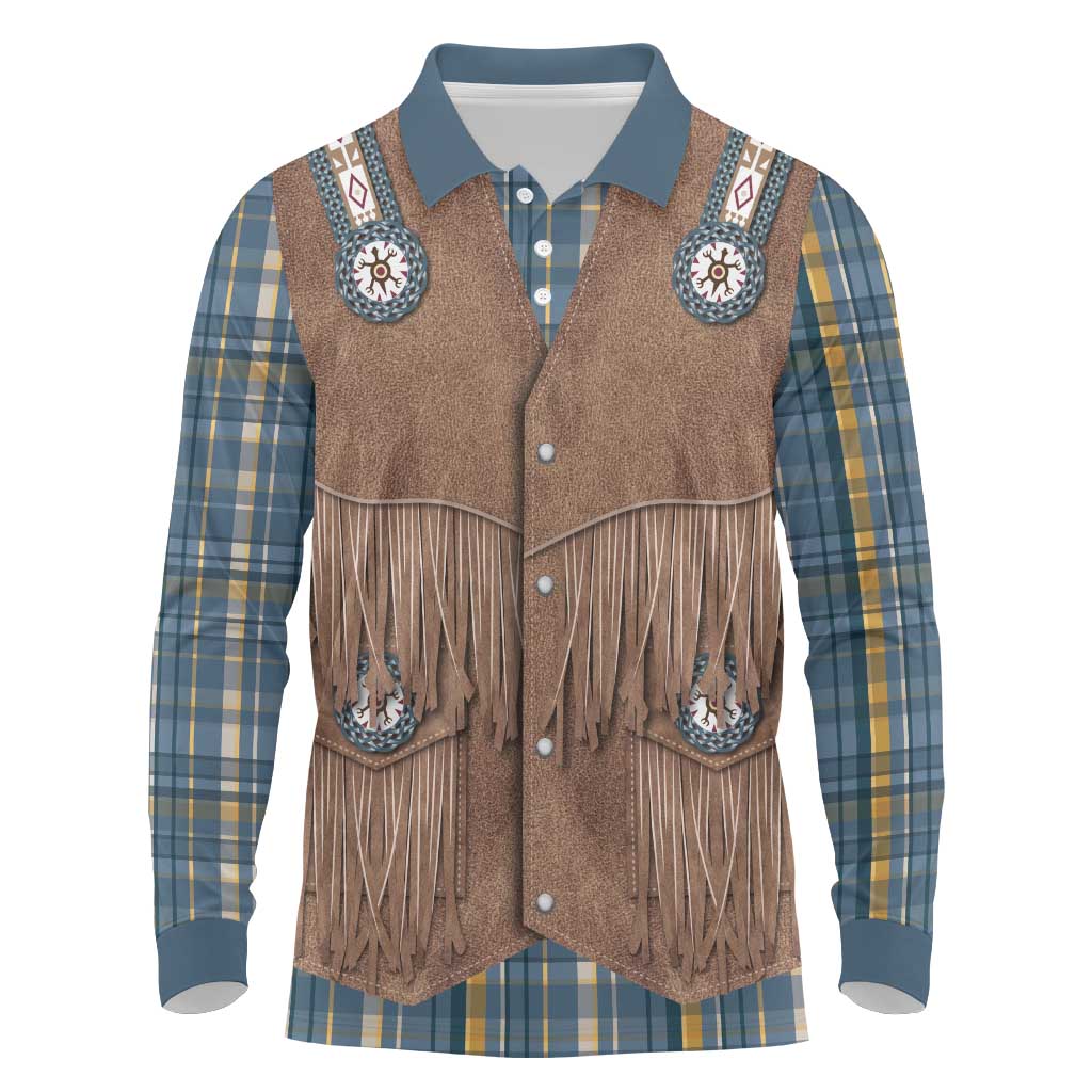 Retro Blue Yellow Plaid Long Sleeve Polo Shirt Western Cowboy Vest Costume - Wonder Print Shop