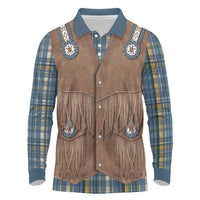 Retro Blue Yellow Plaid Long Sleeve Polo Shirt Western Cowboy Vest Costume - Wonder Print Shop