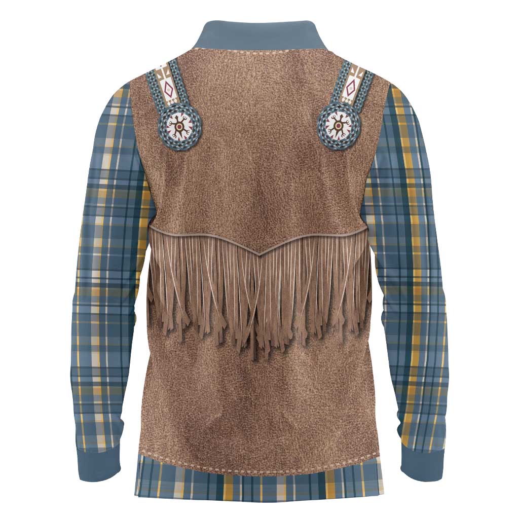 Retro Blue Yellow Plaid Long Sleeve Polo Shirt Western Cowboy Vest Costume - Wonder Print Shop