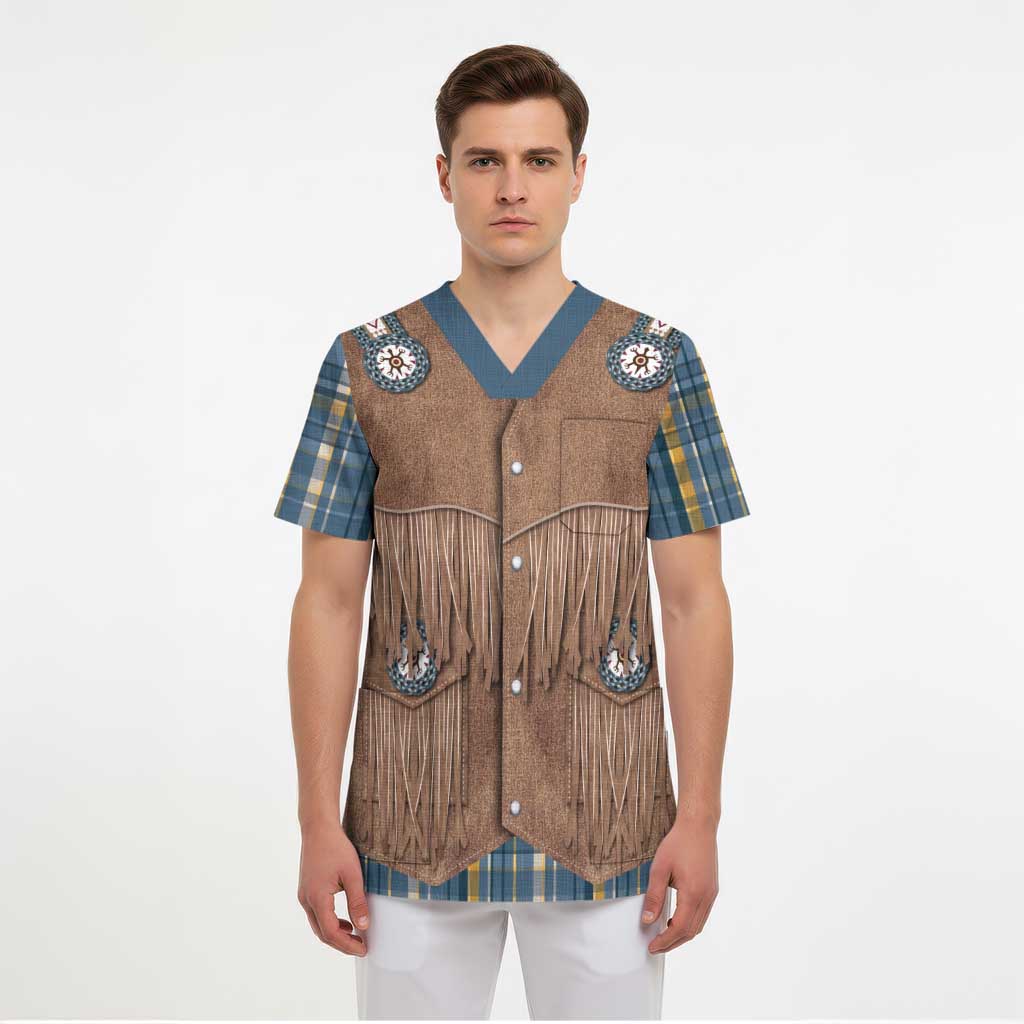 Retro Blue Yellow Plaid Scrub Top Western Cowboy Vest Costume - Wonder Print Shop