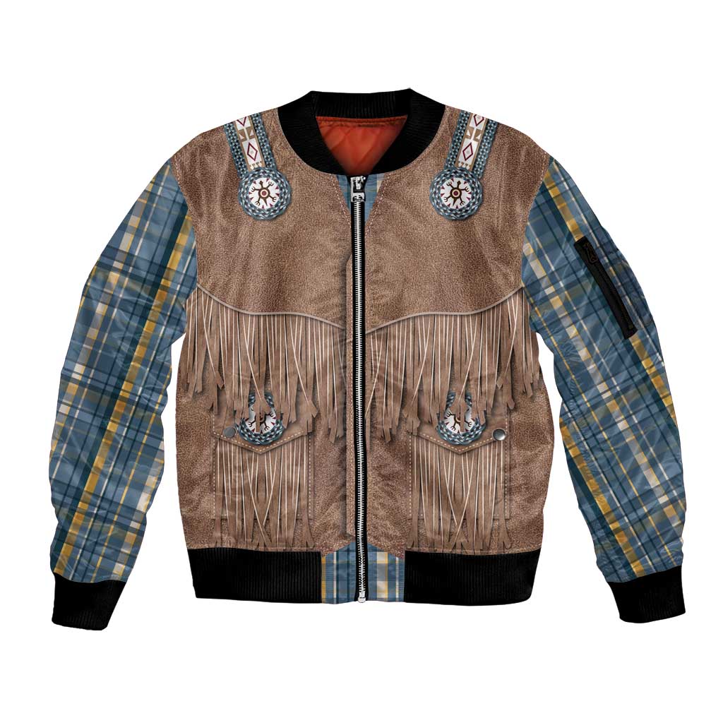 Retro Blue Yellow Plaid Sleeve Zip Bomber Jacket Western Cowboy Vest Costume - Wonder Print Shop