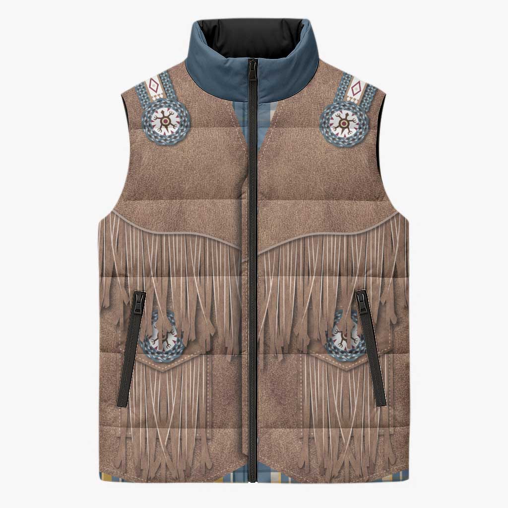 Retro Blue Yellow Plaid Sleeveless Puffer Jacket Western Cowboy Vest Costume - Wonder Print Shop