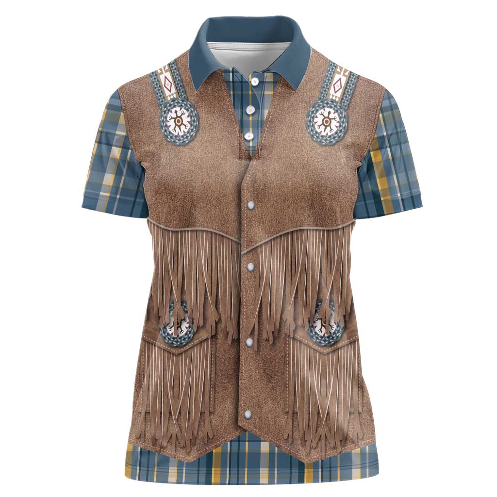 Retro Blue Yellow Plaid Women Polo Shirt Western Cowboy Vest Costume - Wonder Print Shop