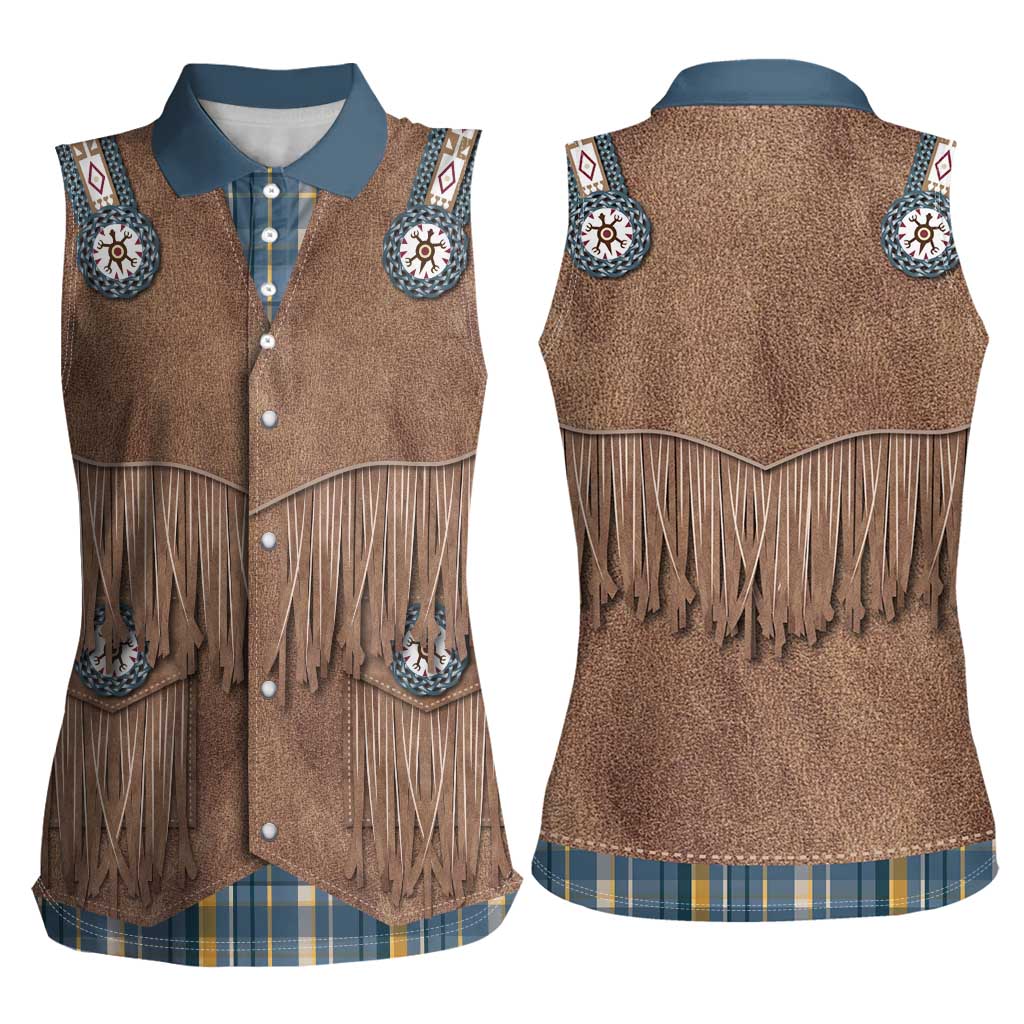 Retro Blue Yellow Plaid Women Sleeveless Polo Shirt Western Cowboy Vest Costume - Wonder Print Shop
