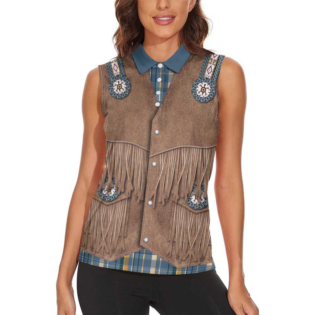 Retro Blue Yellow Plaid Women Sleeveless Polo Shirt Western Cowboy Vest Costume - Wonder Print Shop