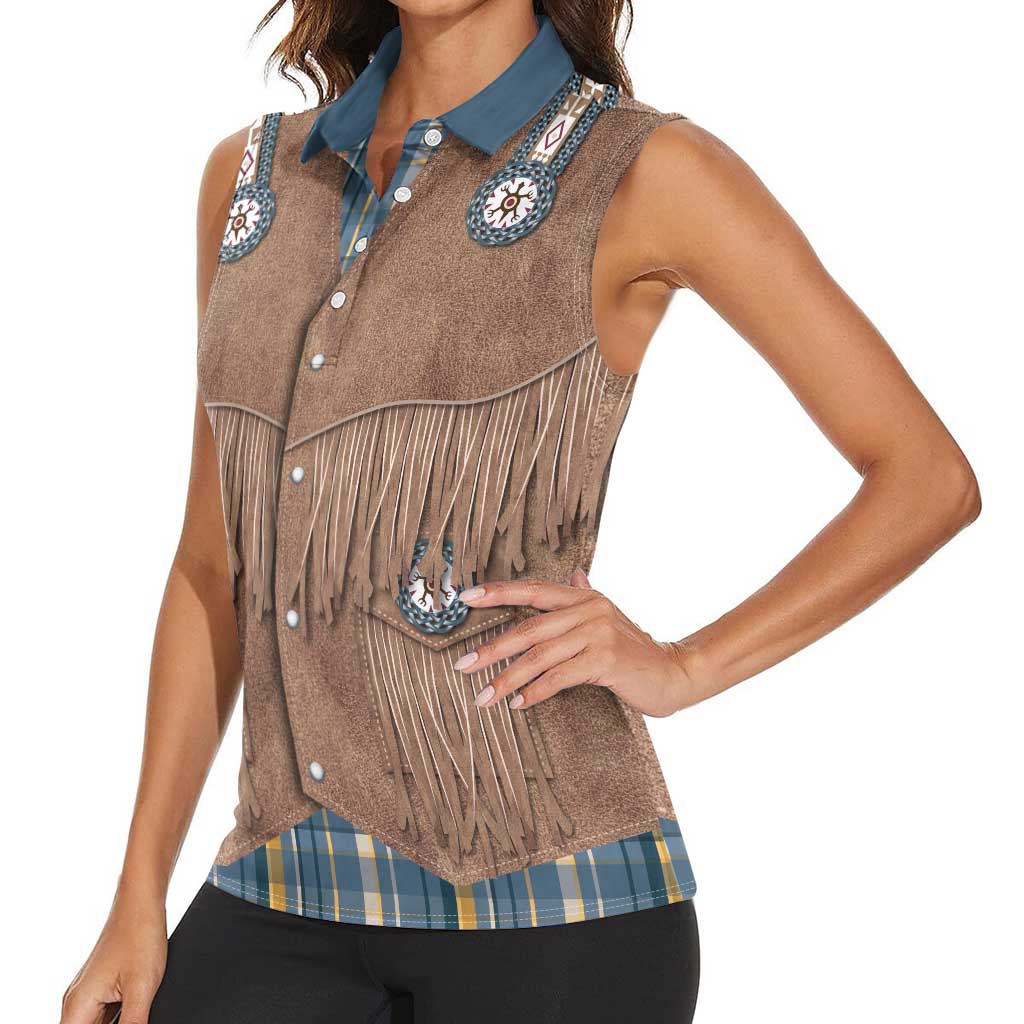 Retro Blue Yellow Plaid Women Sleeveless Polo Shirt Western Cowboy Vest Costume - Wonder Print Shop