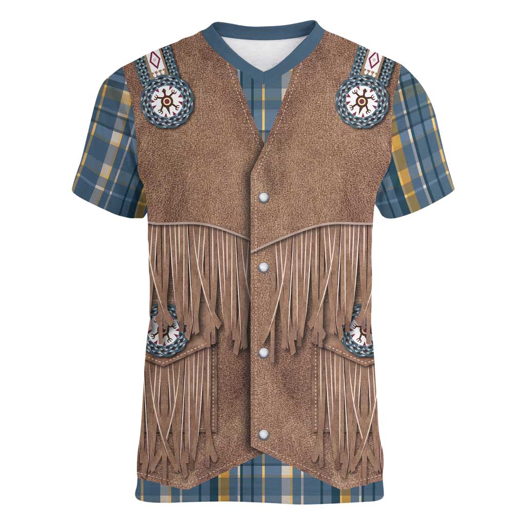 Retro Blue Yellow Plaid Women V-Neck T-Shirt Western Cowboy Vest Costume - Wonder Print Shop
