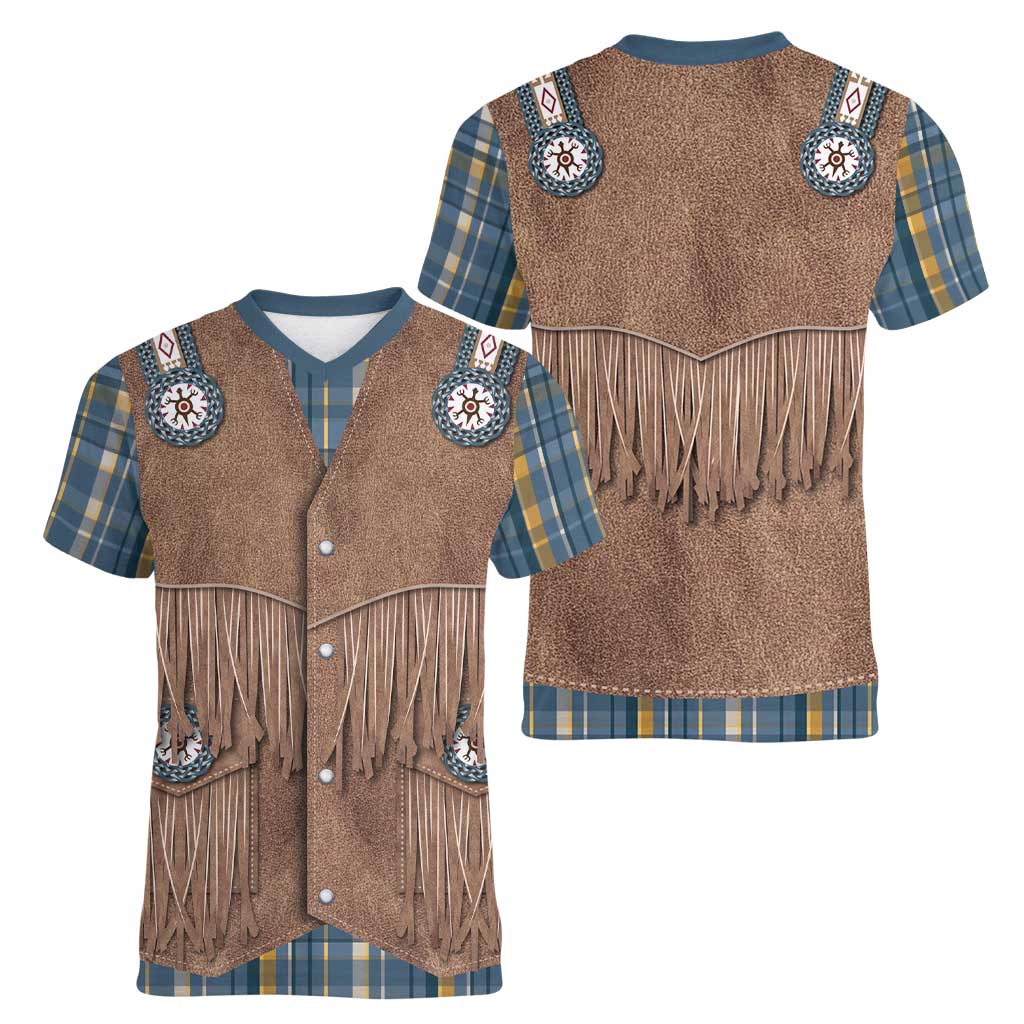Retro Blue Yellow Plaid Women V-Neck T-Shirt Western Cowboy Vest Costume - Wonder Print Shop
