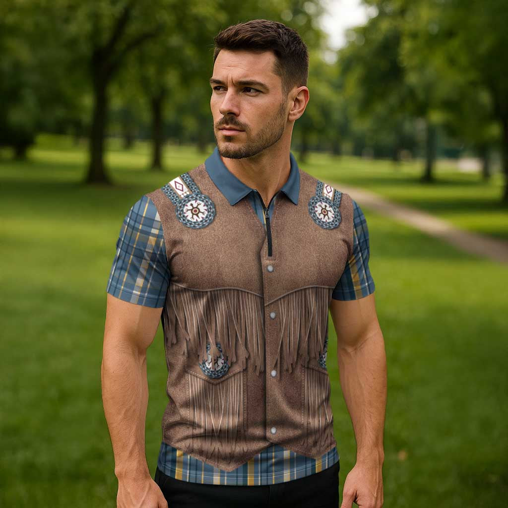 Retro Blue Yellow Plaid Zipper Polo Shirt Western Cowboy Vest Costume - Wonder Print Shop