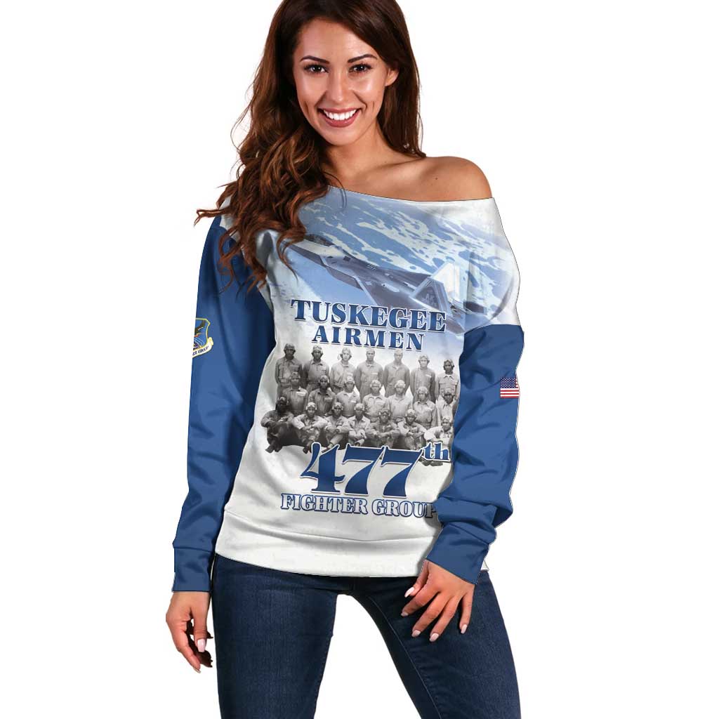 Blue Heritage Tuskegee Airmen Off Shoulder Sweater 477th Fighter Group - Wonder Print Shop