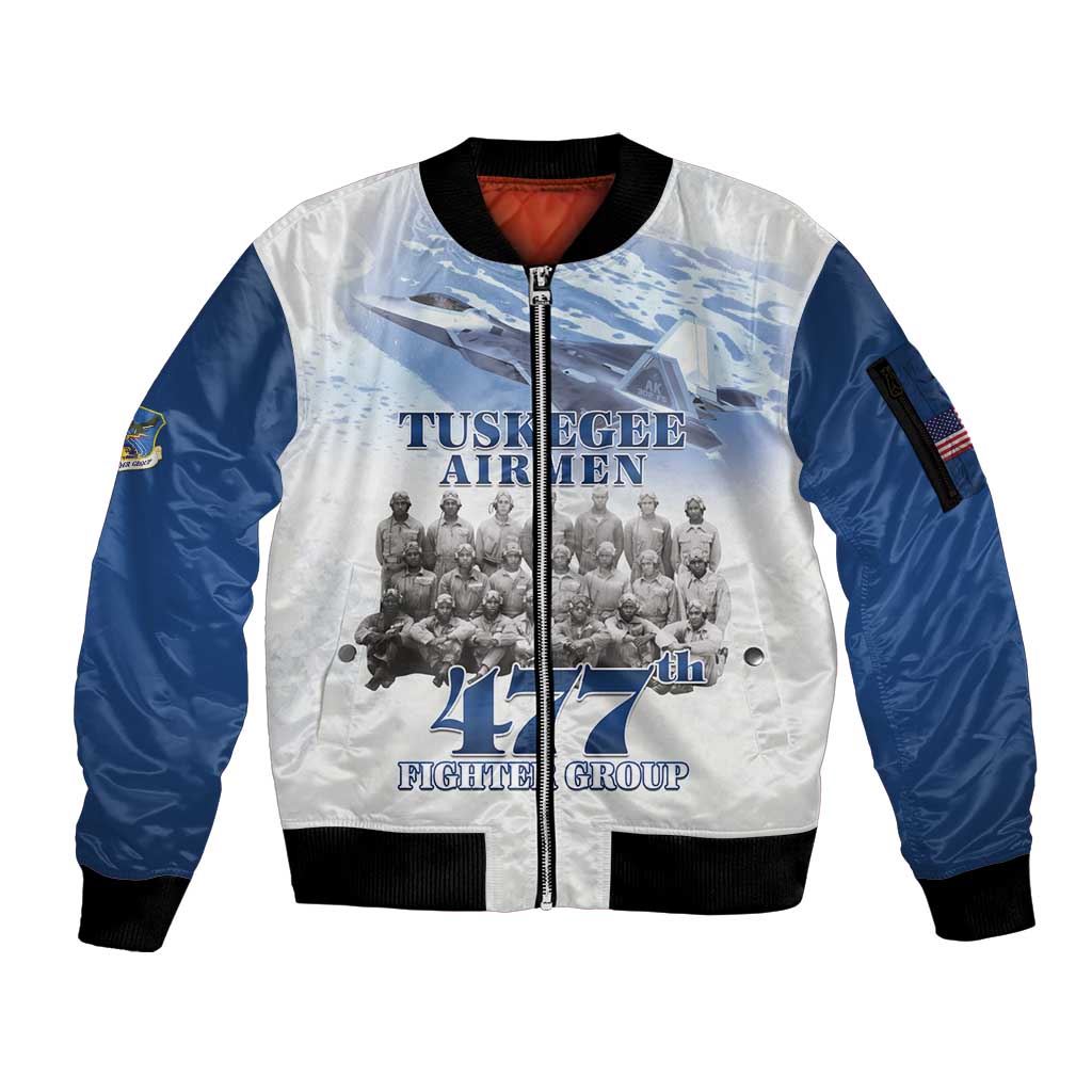 Blue Heritage Tuskegee Airmen Sleeve Zip Bomber Jacket 477th Fighter Group - Wonder Print Shop