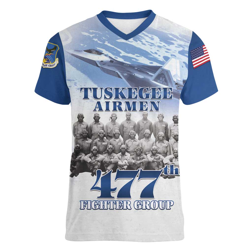 Blue Heritage Tuskegee Airmen Women V-Neck T-Shirt 477th Fighter Group - Wonder Print Shop