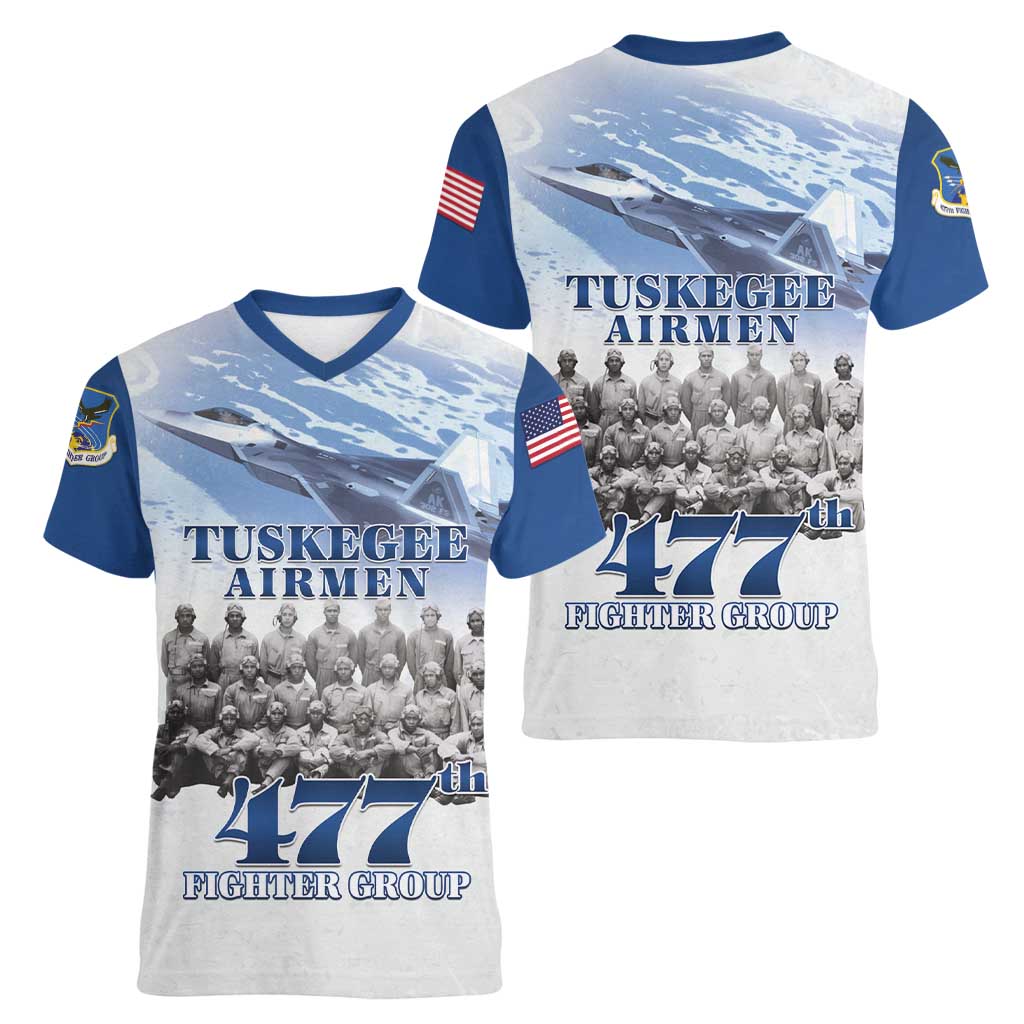 Blue Heritage Tuskegee Airmen Women V-Neck T-Shirt 477th Fighter Group - Wonder Print Shop