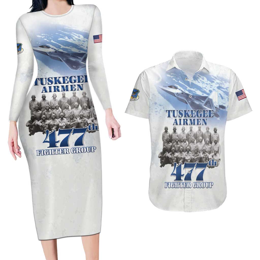 Tuskegee Airmen 477th Fighter Group Couples Matching Long Sleeve Bodycon Dress and Hawaiian Shirt Blue Sky Heritage - Wonder Print Shop