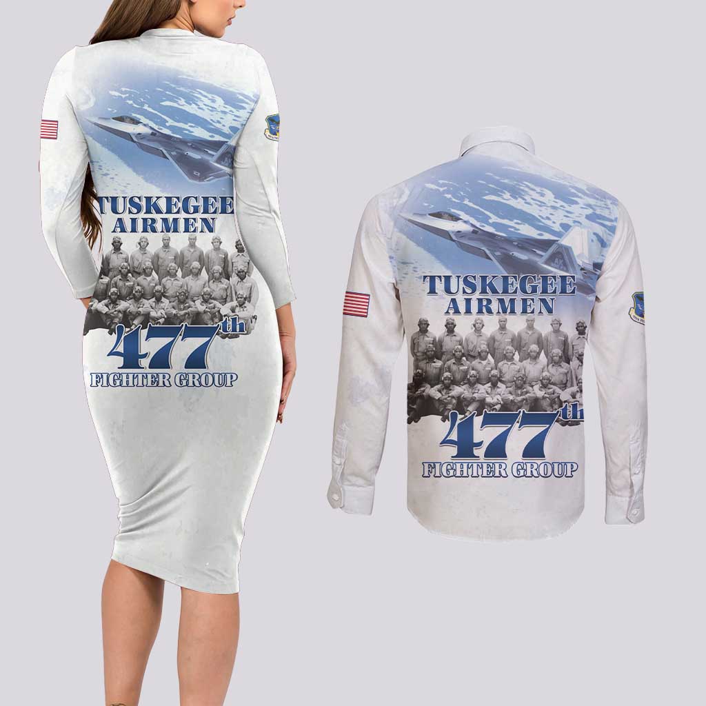 Tuskegee Airmen 477th Fighter Group Couples Matching Long Sleeve Bodycon Dress and Long Sleeve Button Shirt Blue Sky Heritage - Wonder Print Shop