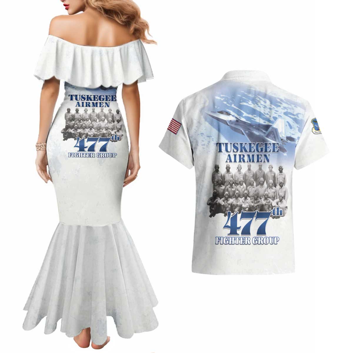 Tuskegee Airmen 477th Fighter Group Couples Matching Mermaid Dress and Hawaiian Shirt Blue Sky Heritage - Wonder Print Shop