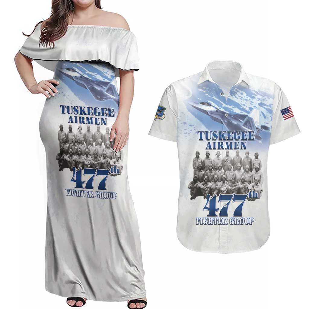 Tuskegee Airmen 477th Fighter Group Couples Matching Off Shoulder Maxi Dress and Hawaiian Shirt Blue Sky Heritage - Wonder Print Shop