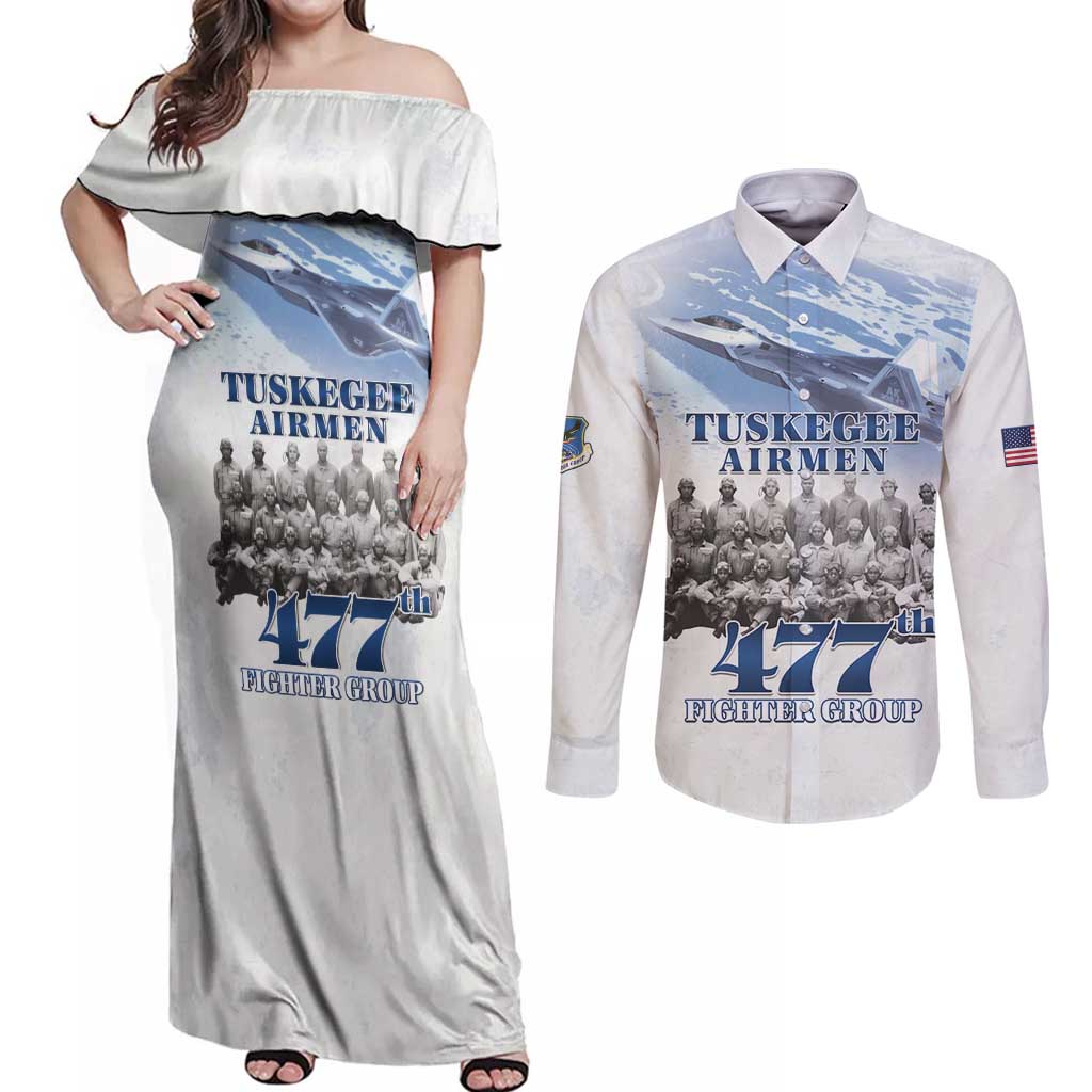 Tuskegee Airmen 477th Fighter Group Couples Matching Off Shoulder Maxi Dress and Long Sleeve Button Shirt Blue Sky Heritage - Wonder Print Shop