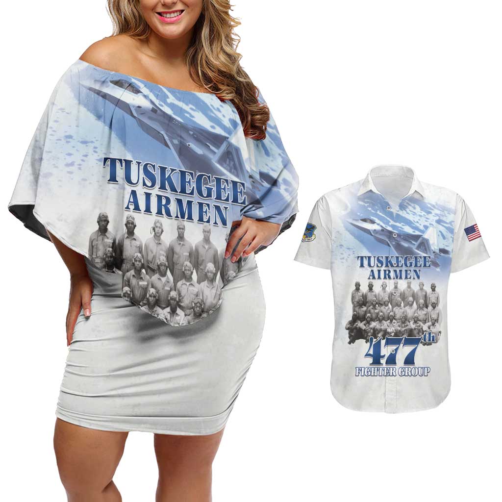 Tuskegee Airmen 477th Fighter Group Couples Matching Off Shoulder Short Dress and Hawaiian Shirt Blue Sky Heritage - Wonder Print Shop