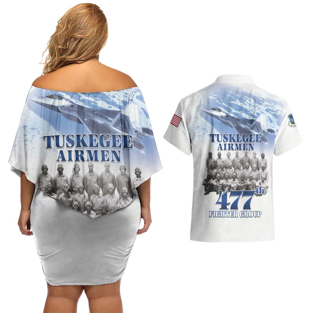 Tuskegee Airmen 477th Fighter Group Couples Matching Off Shoulder Short Dress and Hawaiian Shirt Blue Sky Heritage - Wonder Print Shop