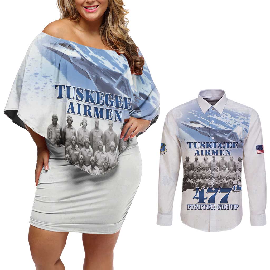 Tuskegee Airmen 477th Fighter Group Couples Matching Off Shoulder Short Dress and Long Sleeve Button Shirt Blue Sky Heritage - Wonder Print Shop