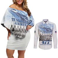 Tuskegee Airmen 477th Fighter Group Couples Matching Off Shoulder Short Dress and Long Sleeve Button Shirt Blue Sky Heritage - Wonder Print Shop