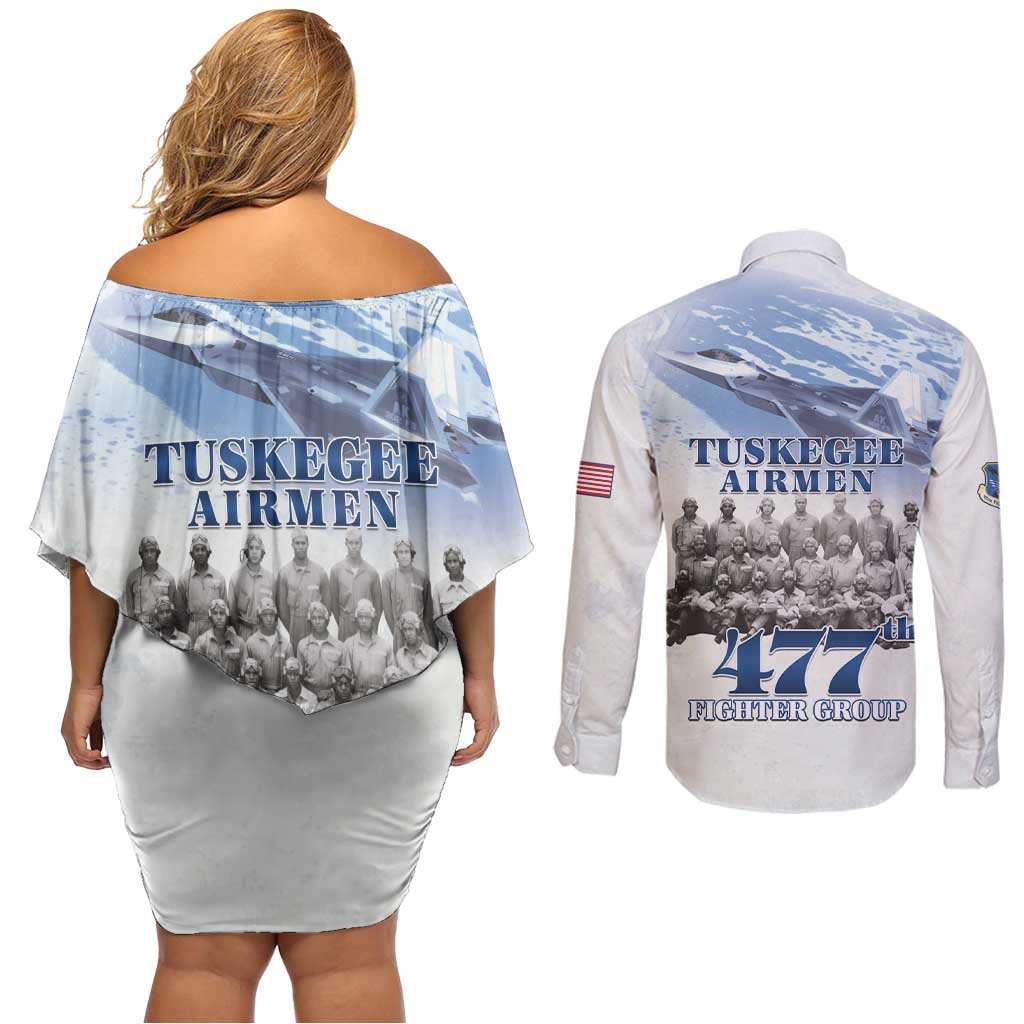 Tuskegee Airmen 477th Fighter Group Couples Matching Off Shoulder Short Dress and Long Sleeve Button Shirt Blue Sky Heritage - Wonder Print Shop
