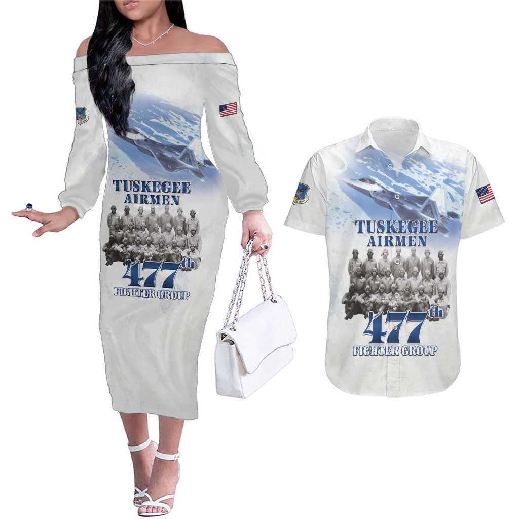 Tuskegee Airmen 477th Fighter Group Couples Matching Off The Shoulder Long Sleeve Dress and Hawaiian Shirt Blue Sky Heritage - Wonder Print Shop