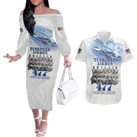 Tuskegee Airmen 477th Fighter Group Couples Matching Off The Shoulder Long Sleeve Dress and Hawaiian Shirt Blue Sky Heritage - Wonder Print Shop