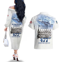 Tuskegee Airmen 477th Fighter Group Couples Matching Off The Shoulder Long Sleeve Dress and Hawaiian Shirt Blue Sky Heritage - Wonder Print Shop
