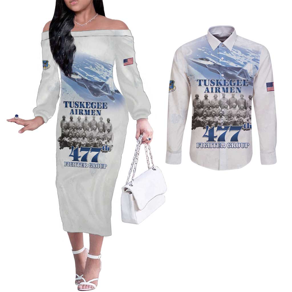 Tuskegee Airmen 477th Fighter Group Couples Matching Off The Shoulder Long Sleeve Dress and Long Sleeve Button Shirt Blue Sky Heritage - Wonder Print Shop