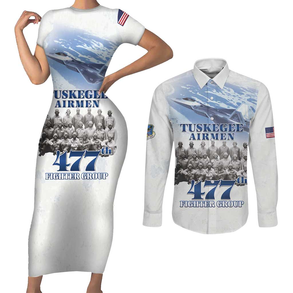 Tuskegee Airmen 477th Fighter Group Couples Matching Short Sleeve Bodycon Dress and Long Sleeve Button Shirt Blue Sky Heritage - Wonder Print Shop