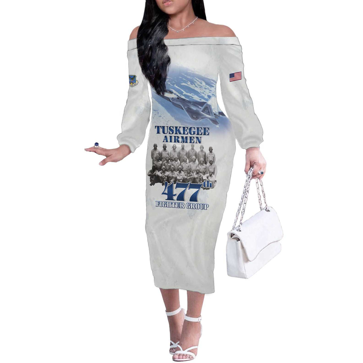 Tuskegee Airmen 477th Fighter Group Off The Shoulder Long Sleeve Dress Blue Sky Heritage - Wonder Print Shop