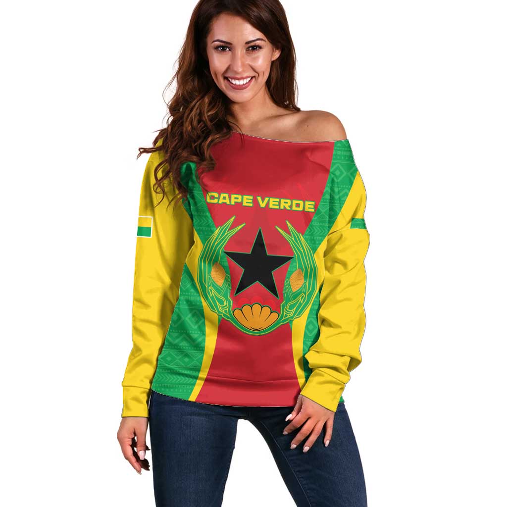 Personalised Cape Verde Off Shoulder Sweater National Flag Of Cape Verde 1975-1992 - Wonder Print Shop