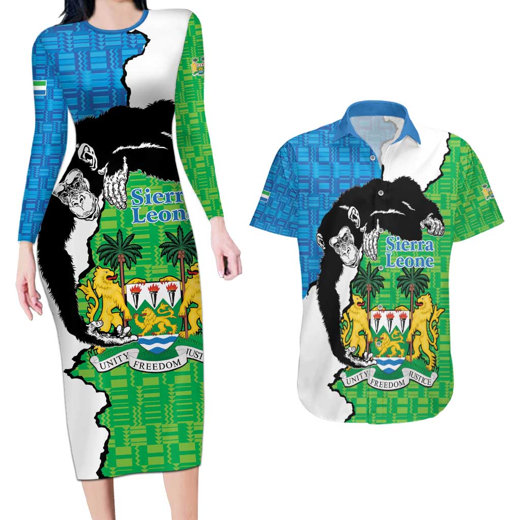 Personalised Sierra Leone Couples Matching Long Sleeve Bodycon Dress and Hawaiian Shirt Chimpanzee With Coat Of Arms - Wonder Print Shop