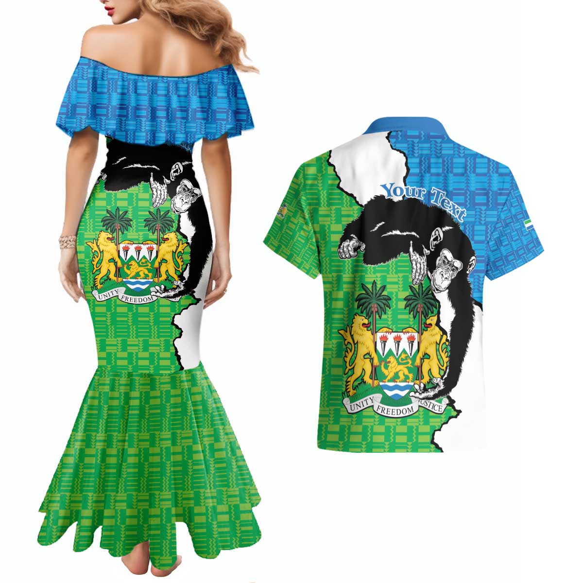 Personalised Sierra Leone Couples Matching Mermaid Dress and Hawaiian Shirt Chimpanzee With Coat Of Arms - Wonder Print Shop
