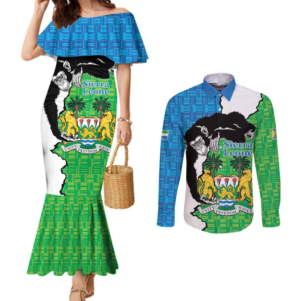 Personalised Sierra Leone Couples Matching Mermaid Dress and Long Sleeve Button Shirt Chimpanzee With Coat Of Arms