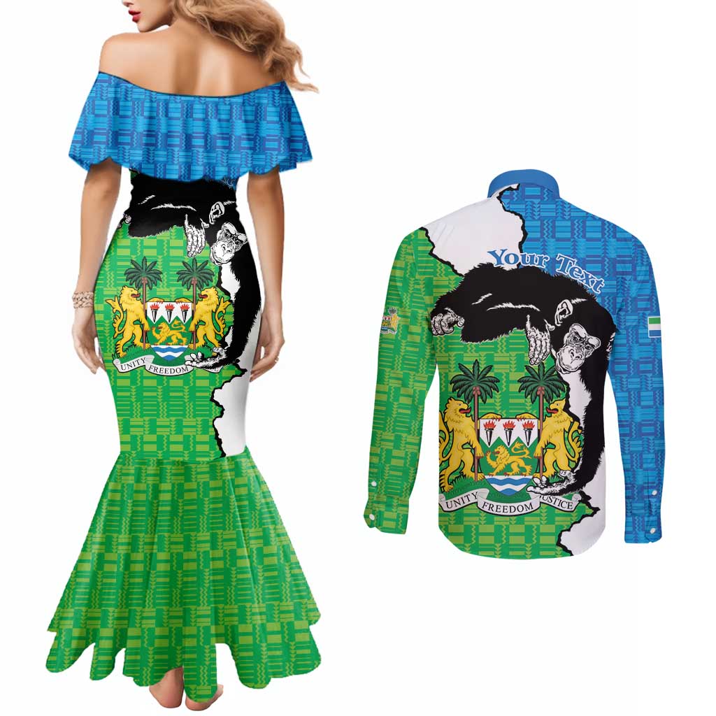 Personalised Sierra Leone Couples Matching Mermaid Dress and Long Sleeve Button Shirt Chimpanzee With Coat Of Arms