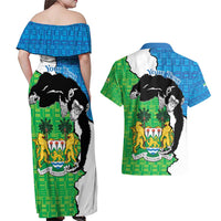 Personalised Sierra Leone Couples Matching Off Shoulder Maxi Dress and Hawaiian Shirt Chimpanzee With Coat Of Arms - Wonder Print Shop