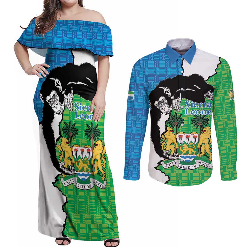 Personalised Sierra Leone Couples Matching Off Shoulder Maxi Dress and Long Sleeve Button Shirt Chimpanzee With Coat Of Arms - Wonder Print Shop