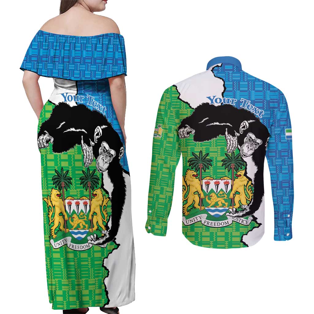 Personalised Sierra Leone Couples Matching Off Shoulder Maxi Dress and Long Sleeve Button Shirt Chimpanzee With Coat Of Arms - Wonder Print Shop