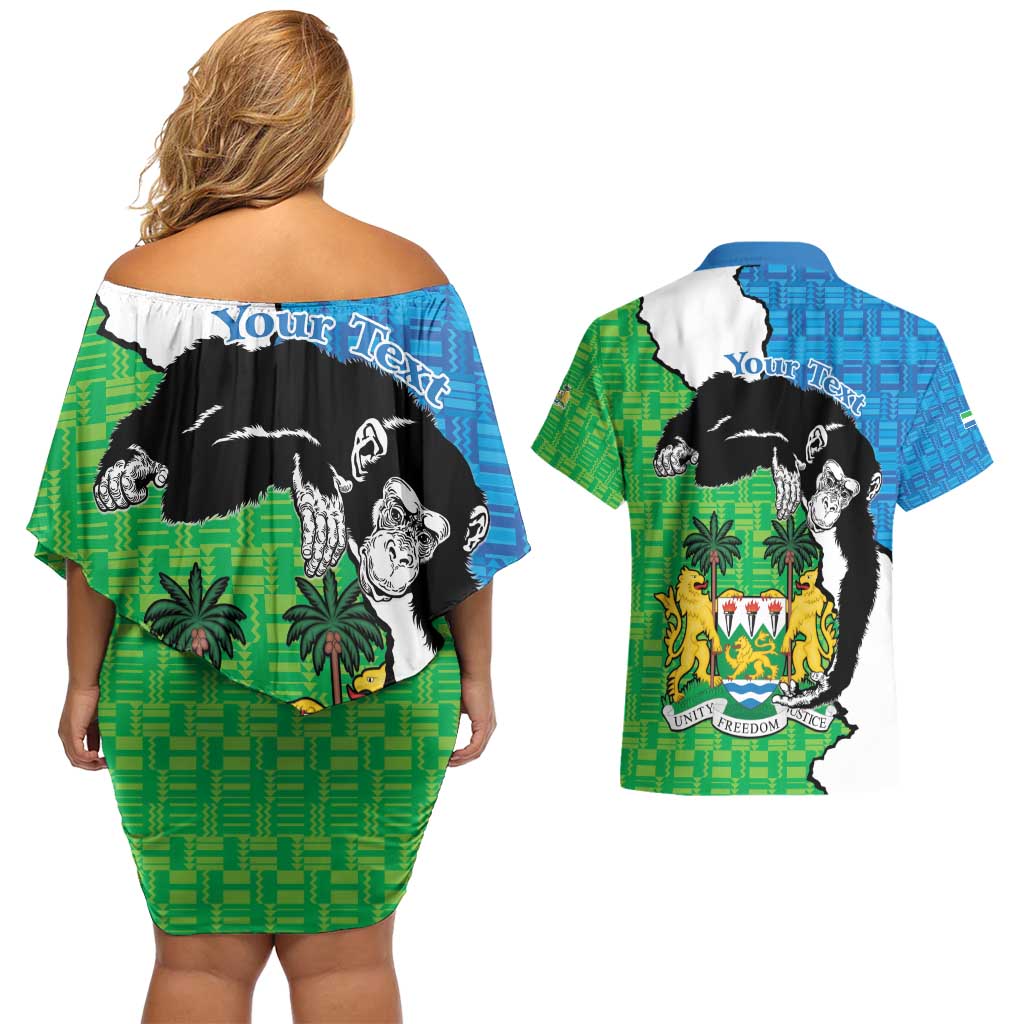 Personalised Sierra Leone Couples Matching Off Shoulder Short Dress and Hawaiian Shirt Chimpanzee With Coat Of Arms - Wonder Print Shop