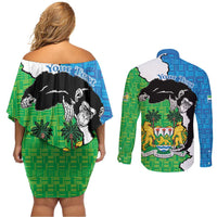 Personalised Sierra Leone Couples Matching Off Shoulder Short Dress and Long Sleeve Button Shirt Chimpanzee With Coat Of Arms - Wonder Print Shop