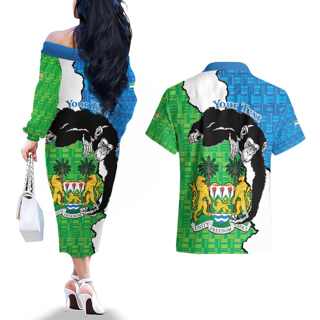 Personalised Sierra Leone Couples Matching Off The Shoulder Long Sleeve Dress and Hawaiian Shirt Chimpanzee With Coat Of Arms - Wonder Print Shop
