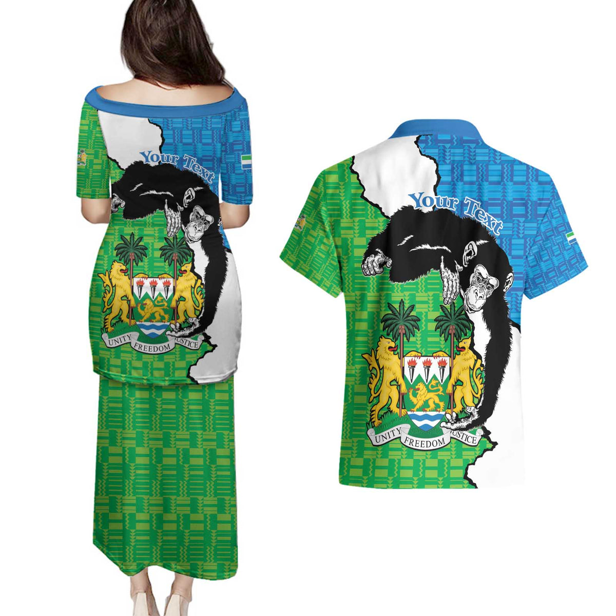 Personalised Sierra Leone Couples Matching Puletasi and Hawaiian Shirt Chimpanzee With Coat Of Arms - Wonder Print Shop