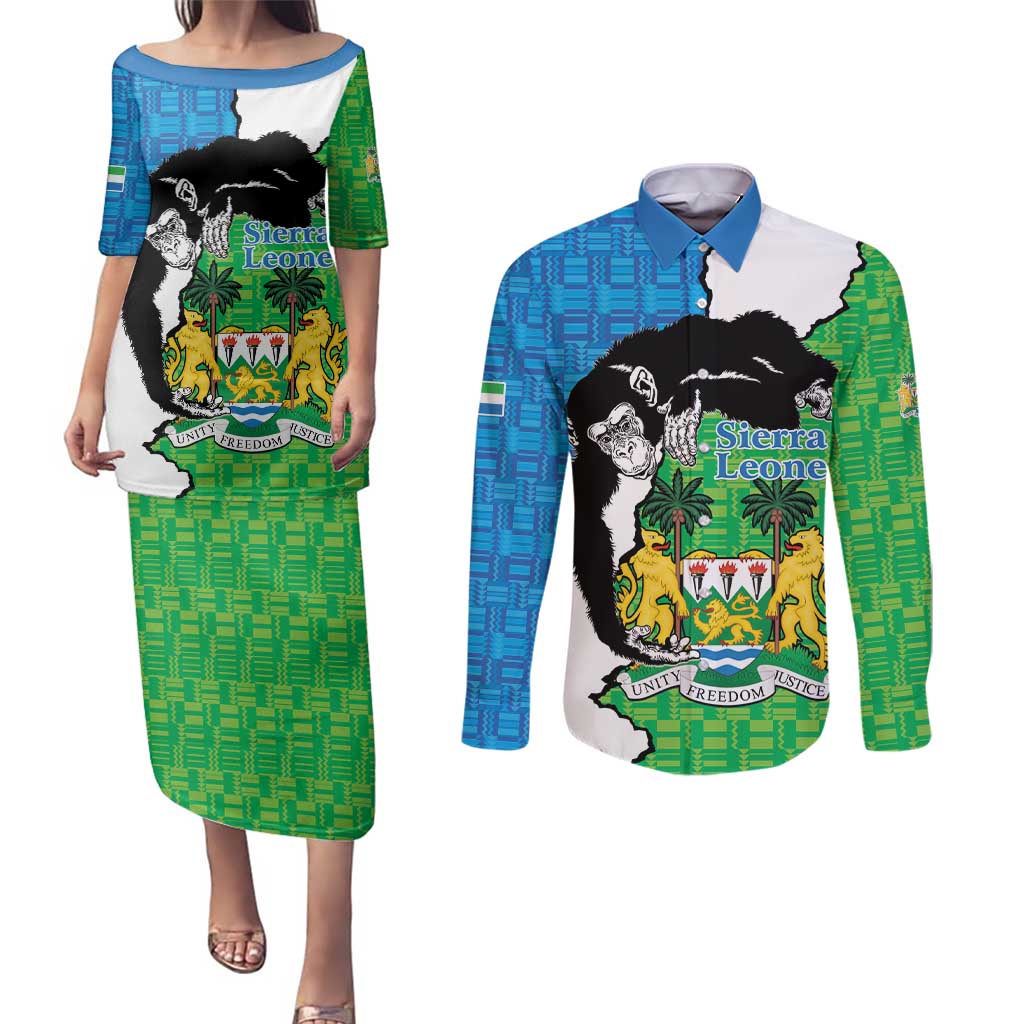 Personalised Sierra Leone Couples Matching Puletasi and Long Sleeve Button Shirt Chimpanzee With Coat Of Arms - Wonder Print Shop