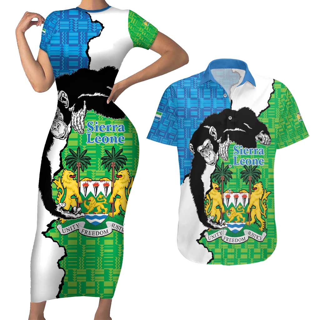 Personalised Sierra Leone Couples Matching Short Sleeve Bodycon Dress and Hawaiian Shirt Chimpanzee With Coat Of Arms - Wonder Print Shop