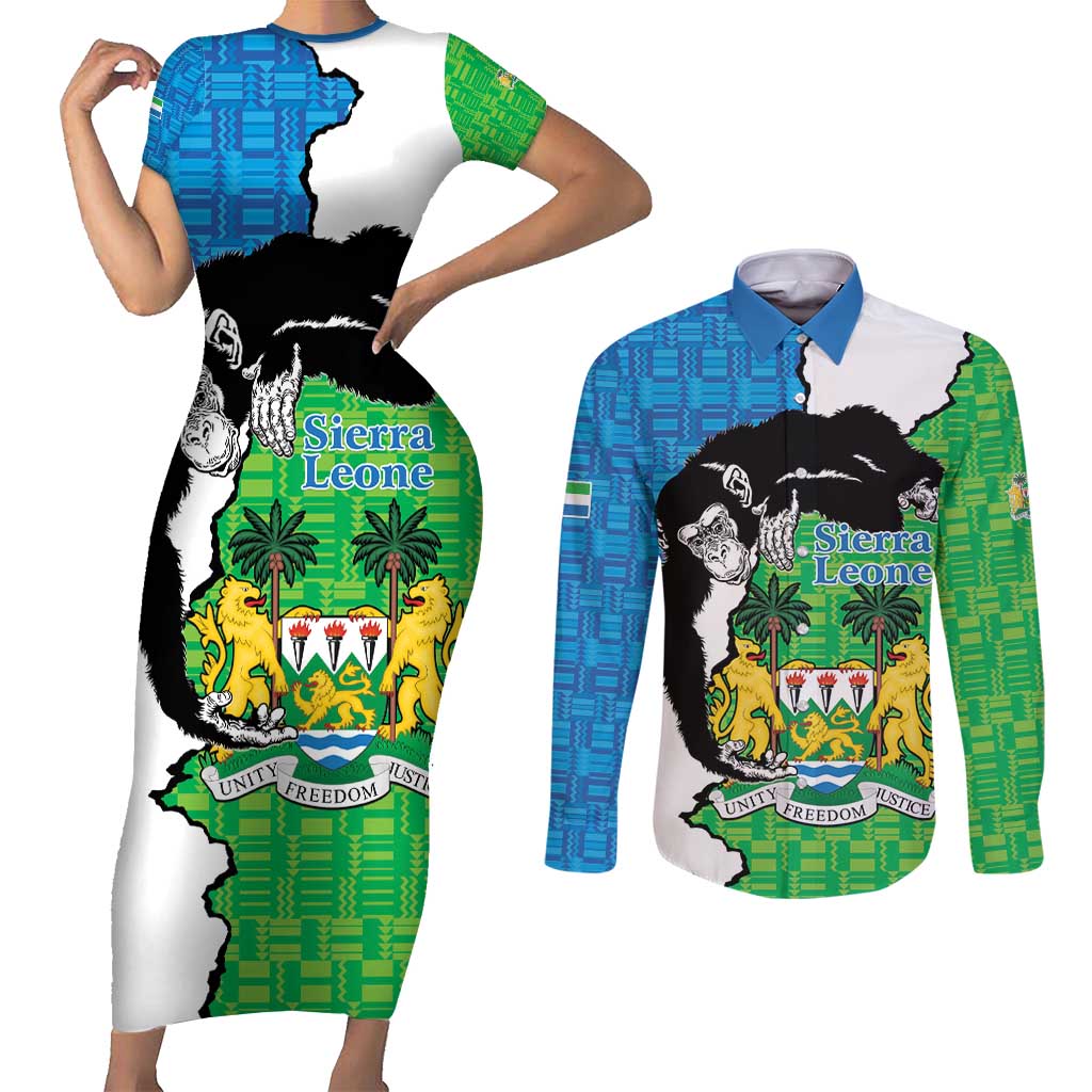 Personalised Sierra Leone Couples Matching Short Sleeve Bodycon Dress and Long Sleeve Button Shirt Chimpanzee With Coat Of Arms - Wonder Print Shop