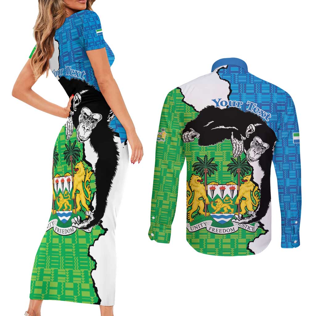 Personalised Sierra Leone Couples Matching Short Sleeve Bodycon Dress and Long Sleeve Button Shirt Chimpanzee With Coat Of Arms - Wonder Print Shop
